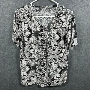 First Choice Womens Black White Damask Paisley V-Neck Short Sleeve Blouse Top XL